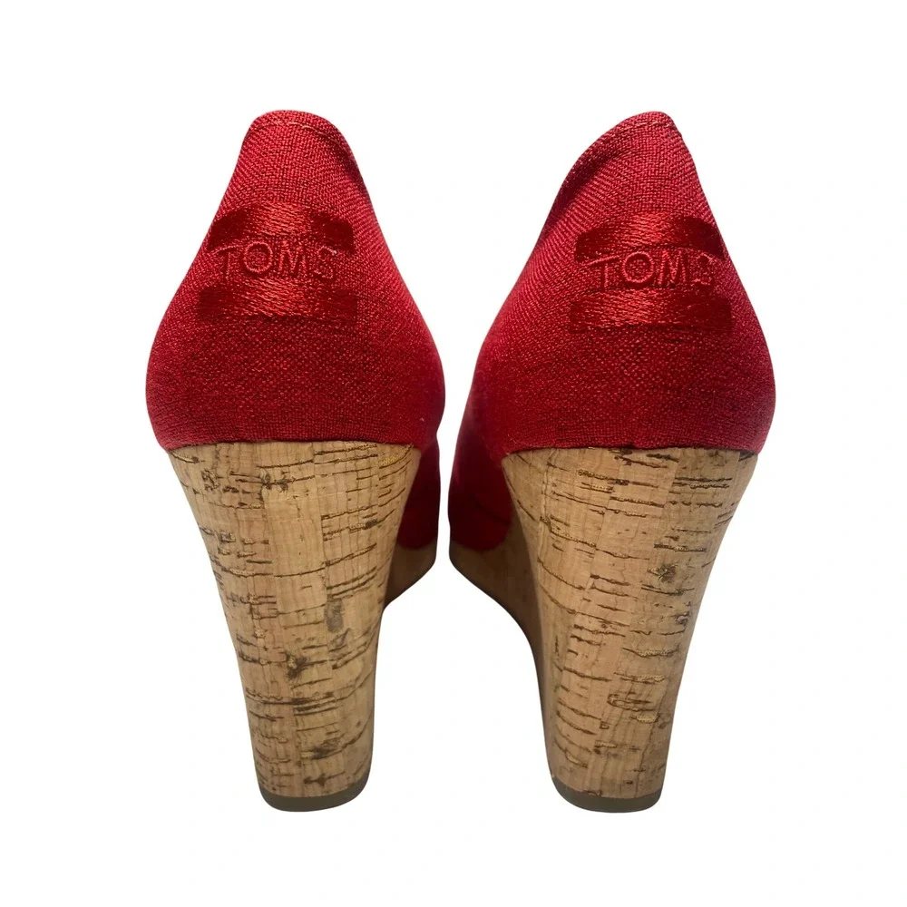 TOMS Classic Canvas Red Open Toe Espadille Cork Wedge Women's 9